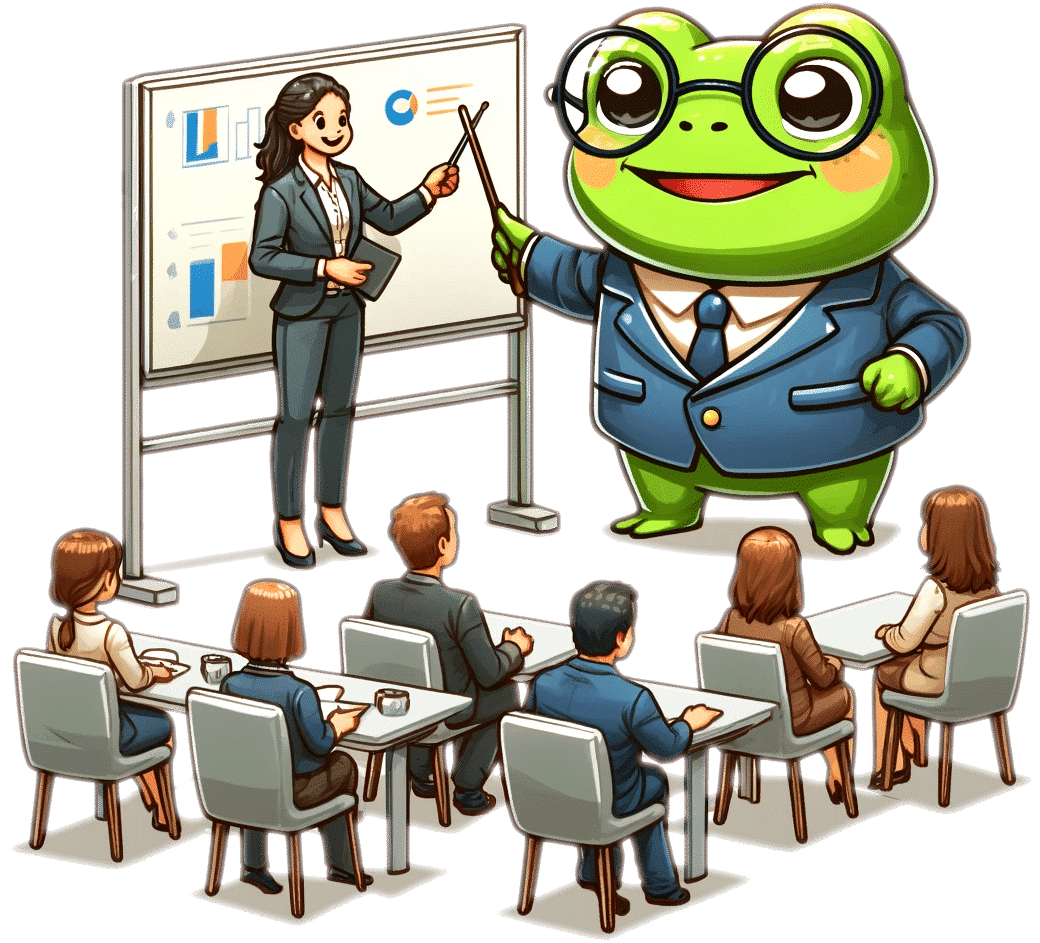 toad-manager-trainer An AI image of cute, small toad teaching a class of business people