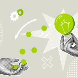 A collage depicting hands holding lightbulbs and coins, representing the idea of productizing professional services